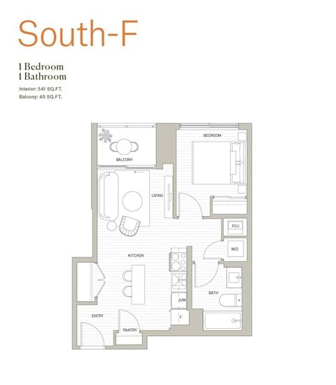 Floor plan for 1 bed, 1 bath, 540 sqft